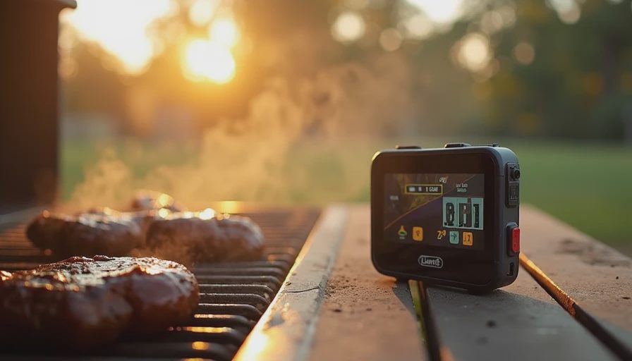A candid outdoor photo of a grill setup on a warm afternoon, highlighting tools that withstand heat and smoke.