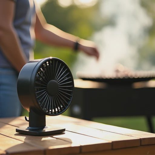 A candid close-up photo of a compact portable fan operating on an outdoor table near a grilling station.