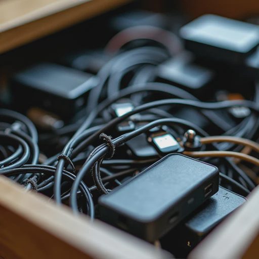 A close-up candid photo of a cluttered drawer overflowing with tangled, frayed cheap cables and broken gadgets.