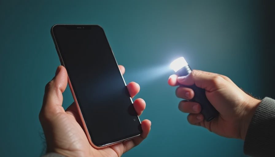 A close-up photo of a smartphone with its screen light on next to a brand-new compact EDC flashlight.