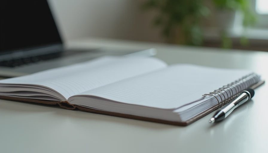A minimalist close-up photo of a closed paper notebook with a pen resting beside it on a desk.