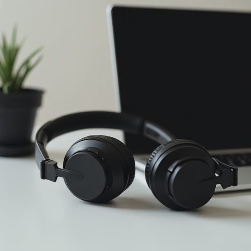 A minimalist close-up photo contrasting a sleek new test headphone with a well-loved older pair on a desk.