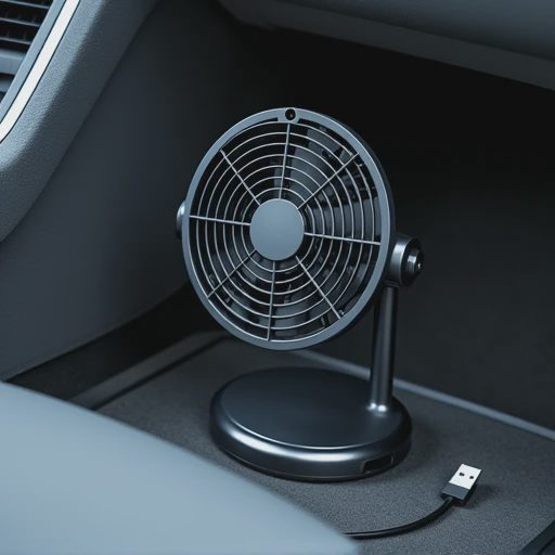 A close-up photo of the portable rechargeable fan placed neatly inside a car interior, plugged into a USB-C cable.
