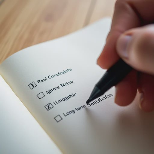 A close-up shot of a hand with a pen checking off three simple, handwritten points on a notepad: Real Constraints, Ignore Noise, Long-term Satisfaction.