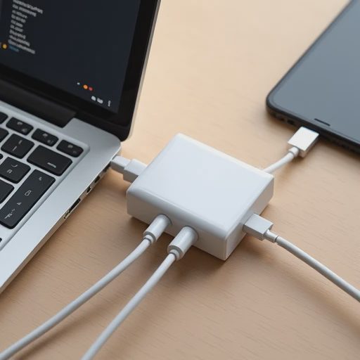 A flat lay photograph showing the 65W dual-port charger simultaneously powering a laptop and a smartphone with two connected USB-C cables on a clean wooden desk.