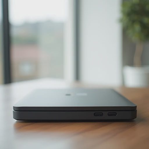 A minimalist close-up photo of a solid, reliable mid-tier tech device resting on a clean wooden desk.