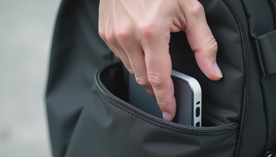 A close-up photo of a hand sliding a compact power bank easily into the side pocket of an everyday carry backpack.
