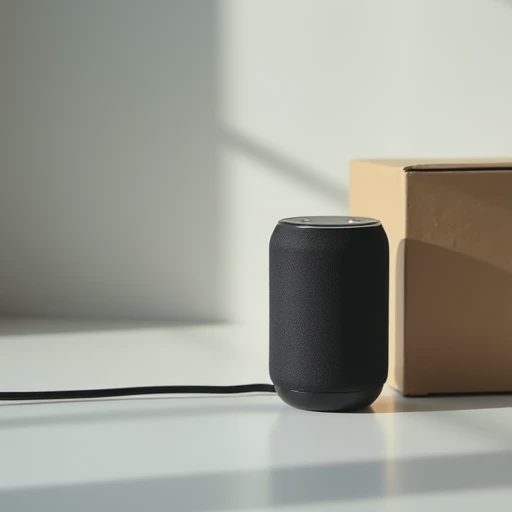 A minimalist close-up photo of a smart speaker unplugged and packed next to its box, ready to be put away.