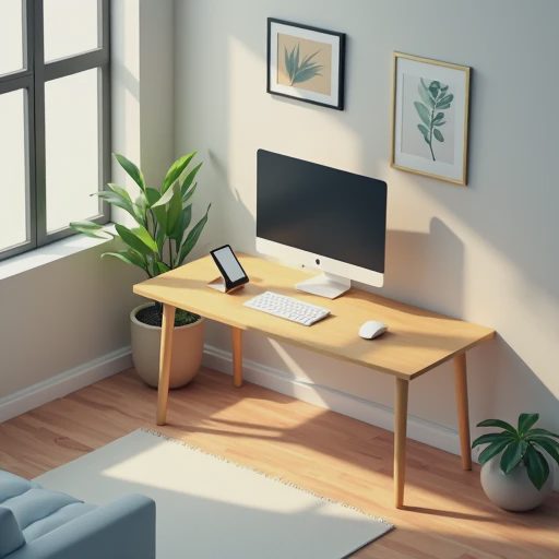 An isometric 3D illustration of a balanced desk setup showing proper monitor placement within a real living space.