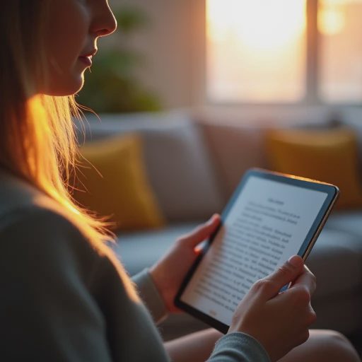 A close-up photo of a user comfortably holding a tablet for reading in a warm indoor evening lighting setup.