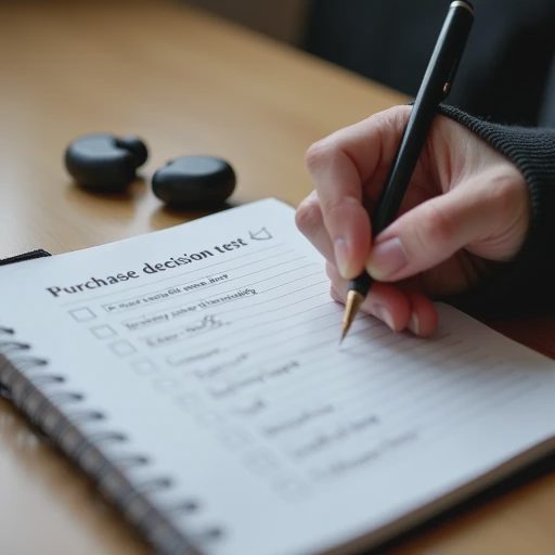 A close-up photograph of a person with a pen evaluating a practical tech purchase decision checklist on a notepad.