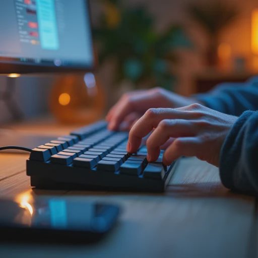 A close-up photo of a user typing quietly on a compact mechanical keyboard in a warm home environment.