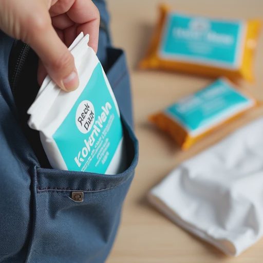 A close-up photo of essential non-tech items including a full pack of wipes, snacks, and a trash bag arranged neatly on a clean surface.