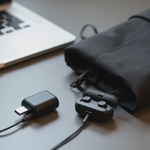 A minimalist close-up photo of a streamlined tech kit featuring a compact power bank, a dual-port charger, and earbuds in their case.