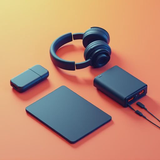 An isometric 3D illustration showcasing a curated collection of everyday tech gadgets like headphones, a monitor, a charger, and a tablet.