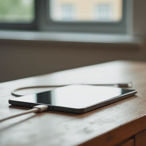 A minimalist close-up photo of a clean, simple tablet resting on a wooden desk next to a standard USB-C charging cable.
