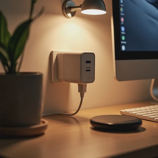A candid, warm photograph of the reliable 65W charger plugged into a wall outlet in a cozy home office setup.