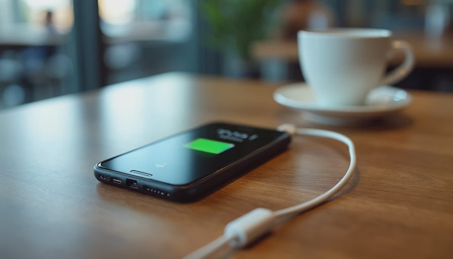 A close-up photo of a smartphone connected to a portable power bank via a USB-C cable for quick charging in a waiting area.