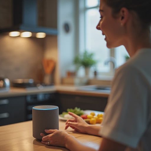 A candid close-up photo of a user speaking to a smart speaker in a busy kitchen environment with background noise.