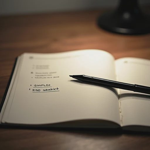 A minimalist close-up photo of an open notebook and a pen on a clean wooden desk, representing a carefully curated evening workflow rule.