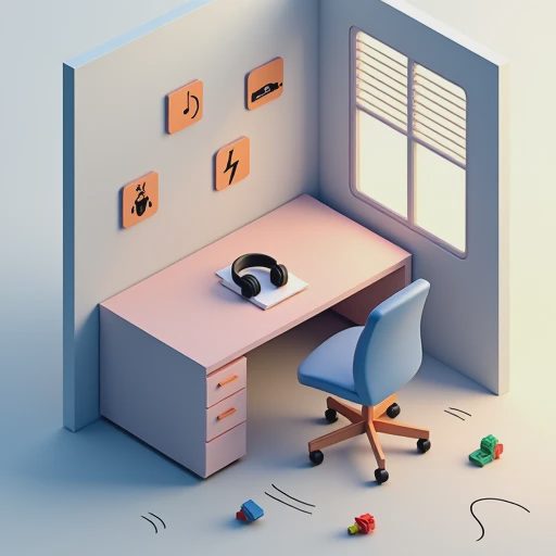 An isometric 3D illustration of a home workspace surrounded by icons representing everyday unpredictable household noises like a blender and talking.