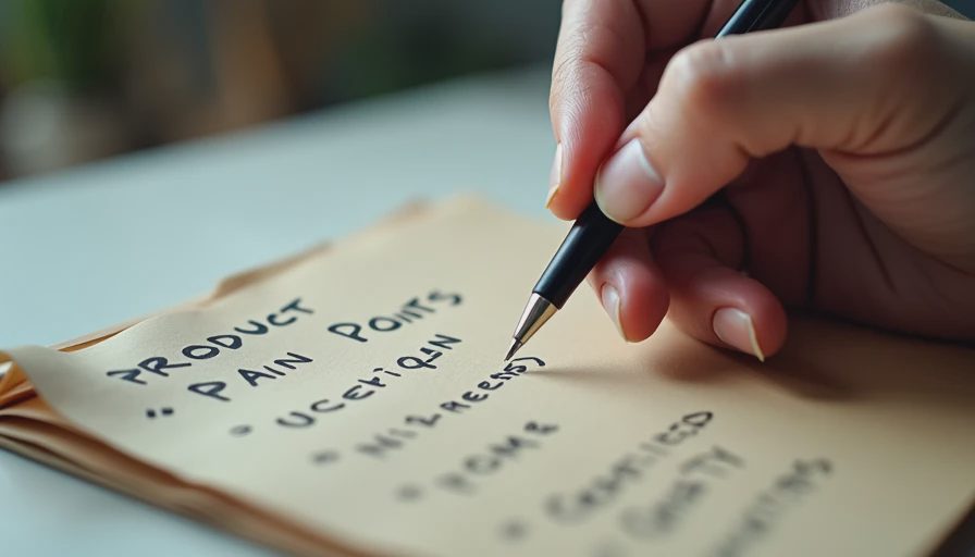 A close-up photo of a hand writing notes and product questions in a paper notebook.