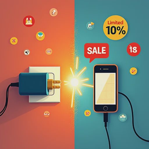 A split-screen illustrative comparison between a broken everyday tech charger solving a real problem and flashy discount tags representing retail marketing hype.
