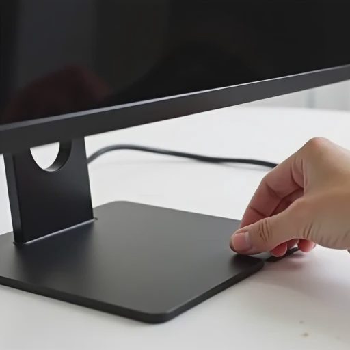 A minimalist close-up photograph of a user smoothly adjusting the height of a well-organized ergonomic monitor stand.