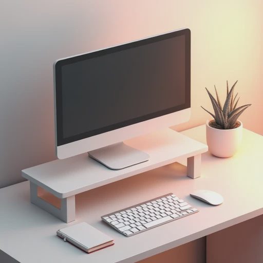 An isometric 3D illustration of a streamlined, clutter-free evening workspace centered around a sensible 27-inch monitor and compact keyboard.