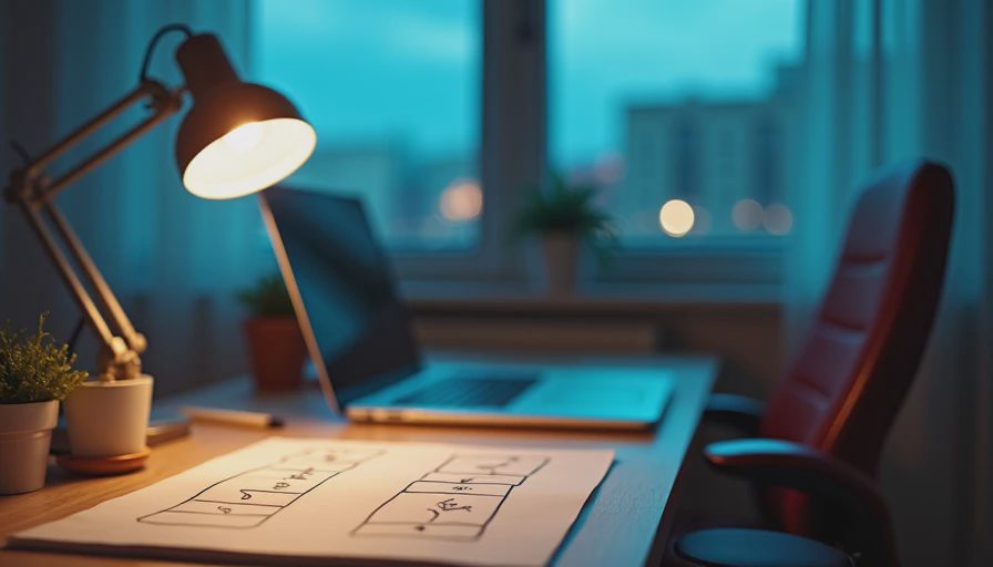 A quiet, cozy late-night desk setup with a laptop and a notebook under soft lighting.