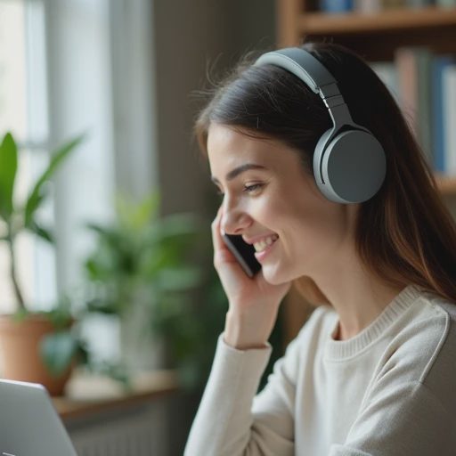 Close-up of a person wearing wireless earbuds taking a work call at home.