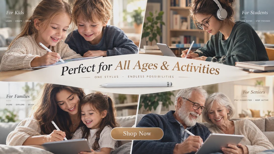 A marketing collage with four distinct panels showing kids, a student, a mom with her child, and seniors using styluses on various digital devices. The text reads "Perfect for All Ages & Activities".