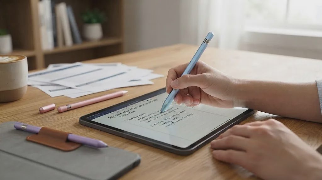 A hand holds a light blue aluminum stylus with a disc tip, writing notes on a dark grey iPad Pro screen. The desk holds a coffee mug, papers, and other colored styluses.