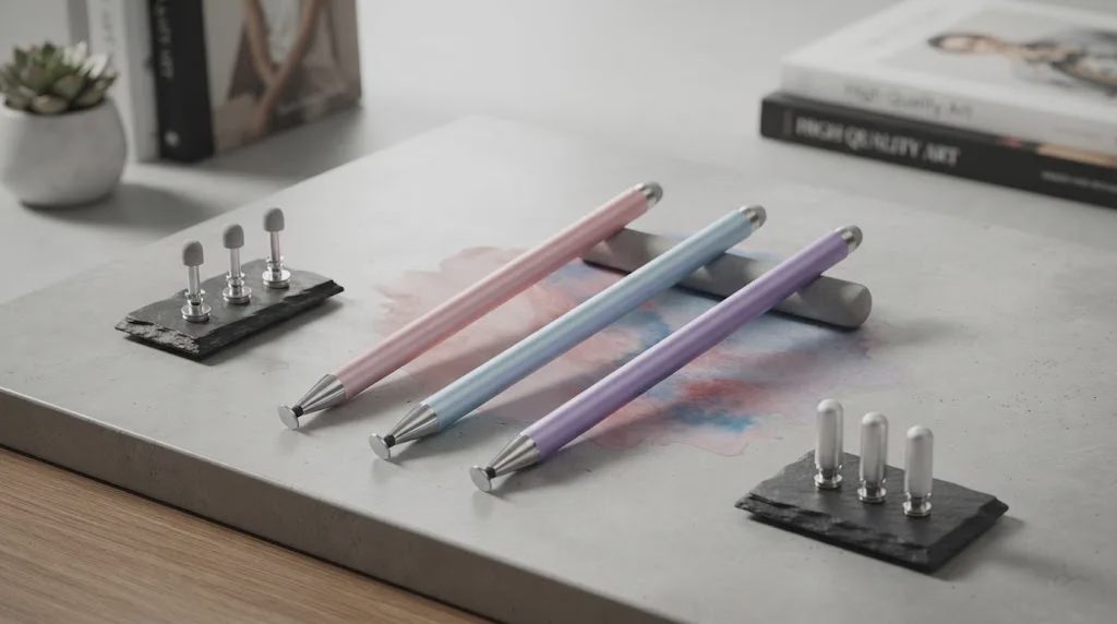 Three colorful stylus pens with transparent disc and fiber tips displayed on a textured stone photography surface.