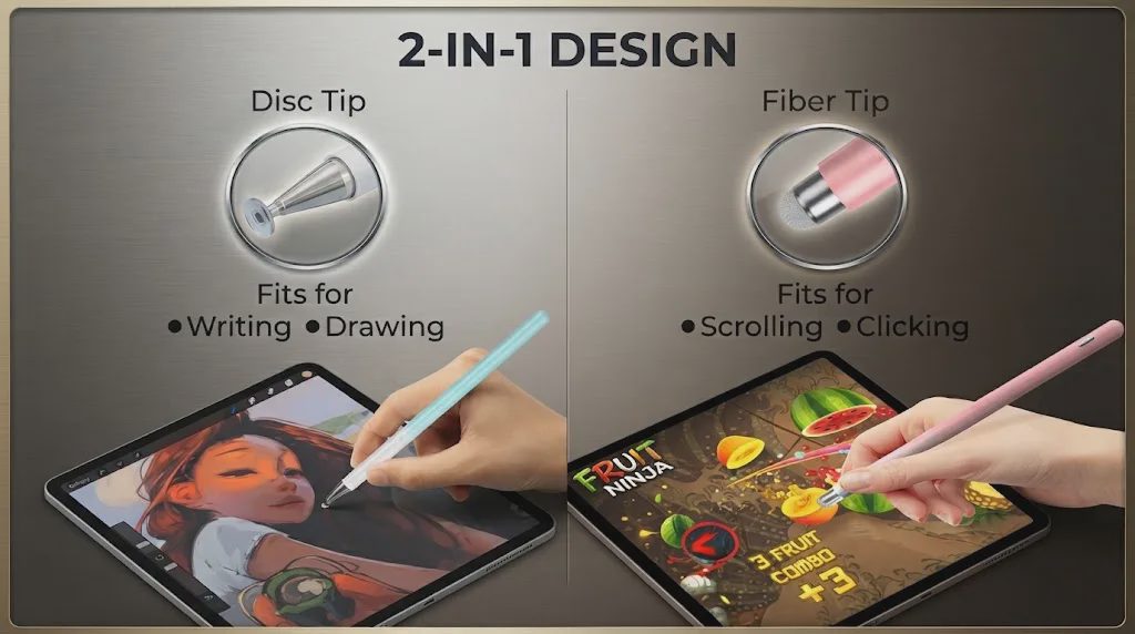 A two-part infographic showing a 2-in-1 stylus, with a disc tip for drawing on a tablet and a fiber tip for gaming.