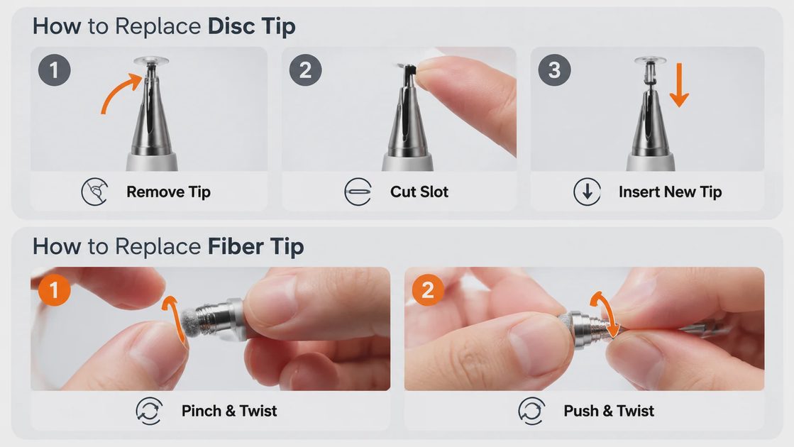 An infographic showing step-by-step instructions for replacing both the disc tip and fiber tip on a stylus.