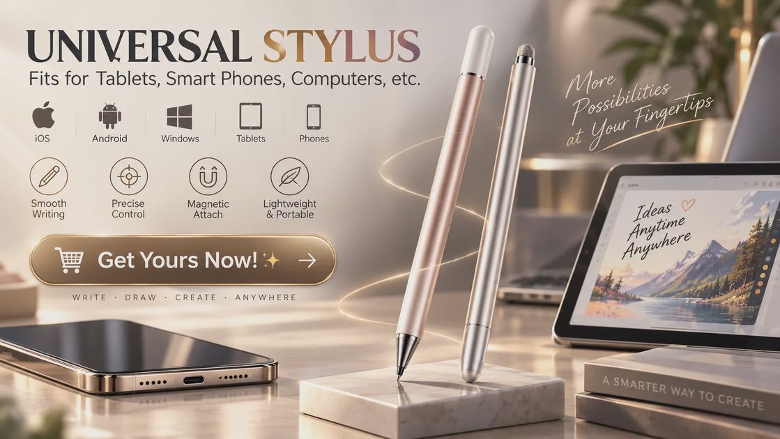A marketing infographic for a universal stylus with two tips, surrounded by a phone and tablet on a desk.