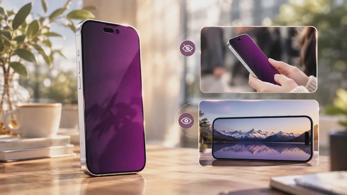 iPhone phone displaying a purple privacy tempered glass protector, with inset photos demonstrating side-angle privacy and clear front view.