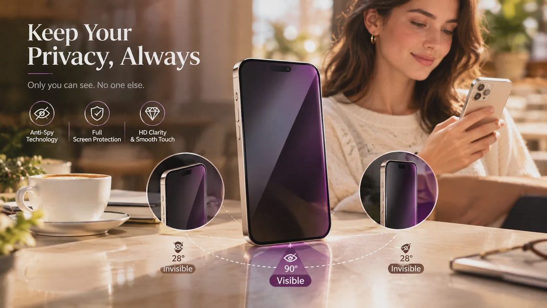 Promotional image featuring a purple privacy screen protector for the iPhone 17 Pro Max, highlighting anti-spy technology, 28-degree viewing angles, full screen protection, and HD clarity.