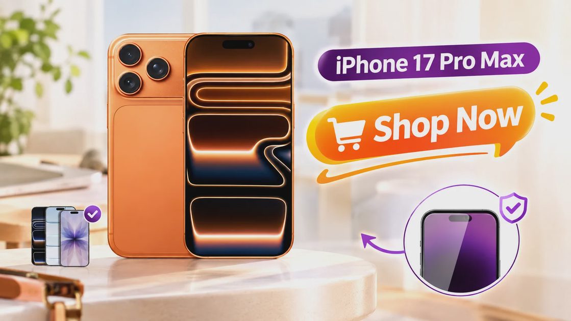 Promotional image featuring a gold iPhone 17 Pro Max, a "Shop Now" button, and a privacy screen protector preview.