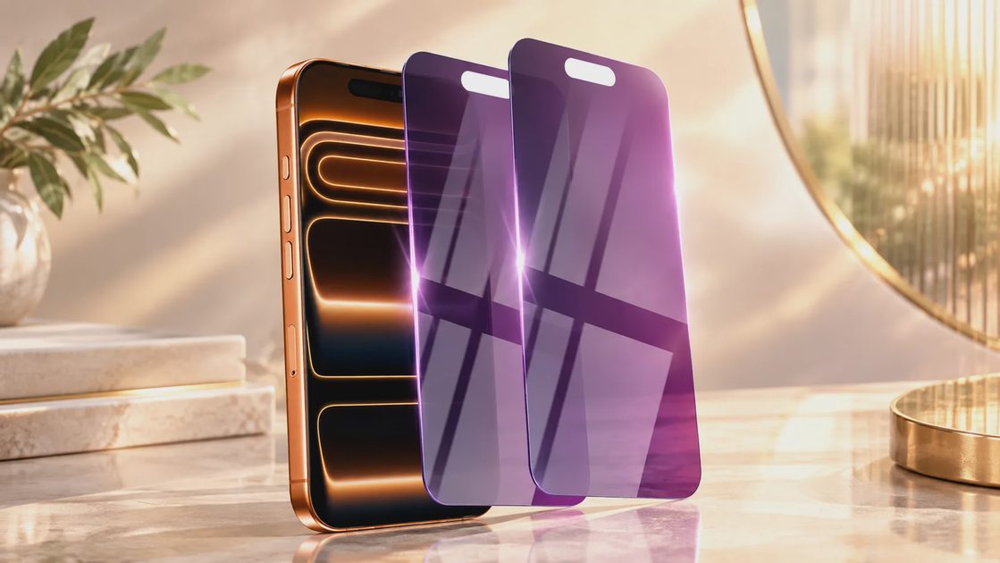 Two purple privacy screen protectors for an iPhone 17 Pro Max are shown standing on a polished marble surface, with the smartphone behind them, against a sunlit, luxurious background.