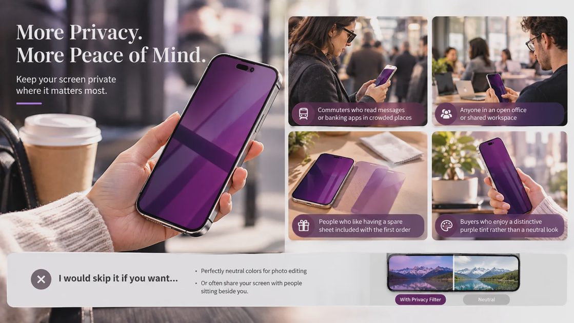 A promotional image for a purple privacy screen protector, featuring four inset panels demonstrating use in public and office settings, spare glass inclusion, and aesthetic appeal, along with a split-screen comparison of filtered vs. neutral views.
