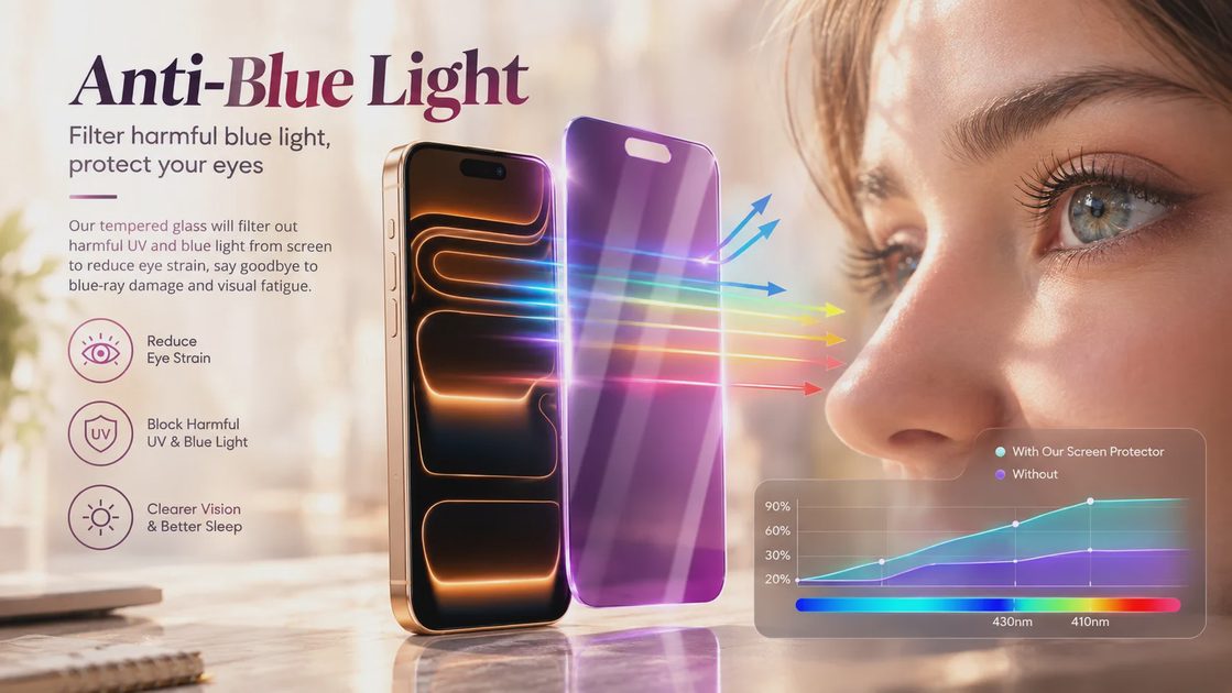 Promotional image for iPhone anti-blue light screen protector, showing blue light rays reflected away from a woman's face and a protective glass.